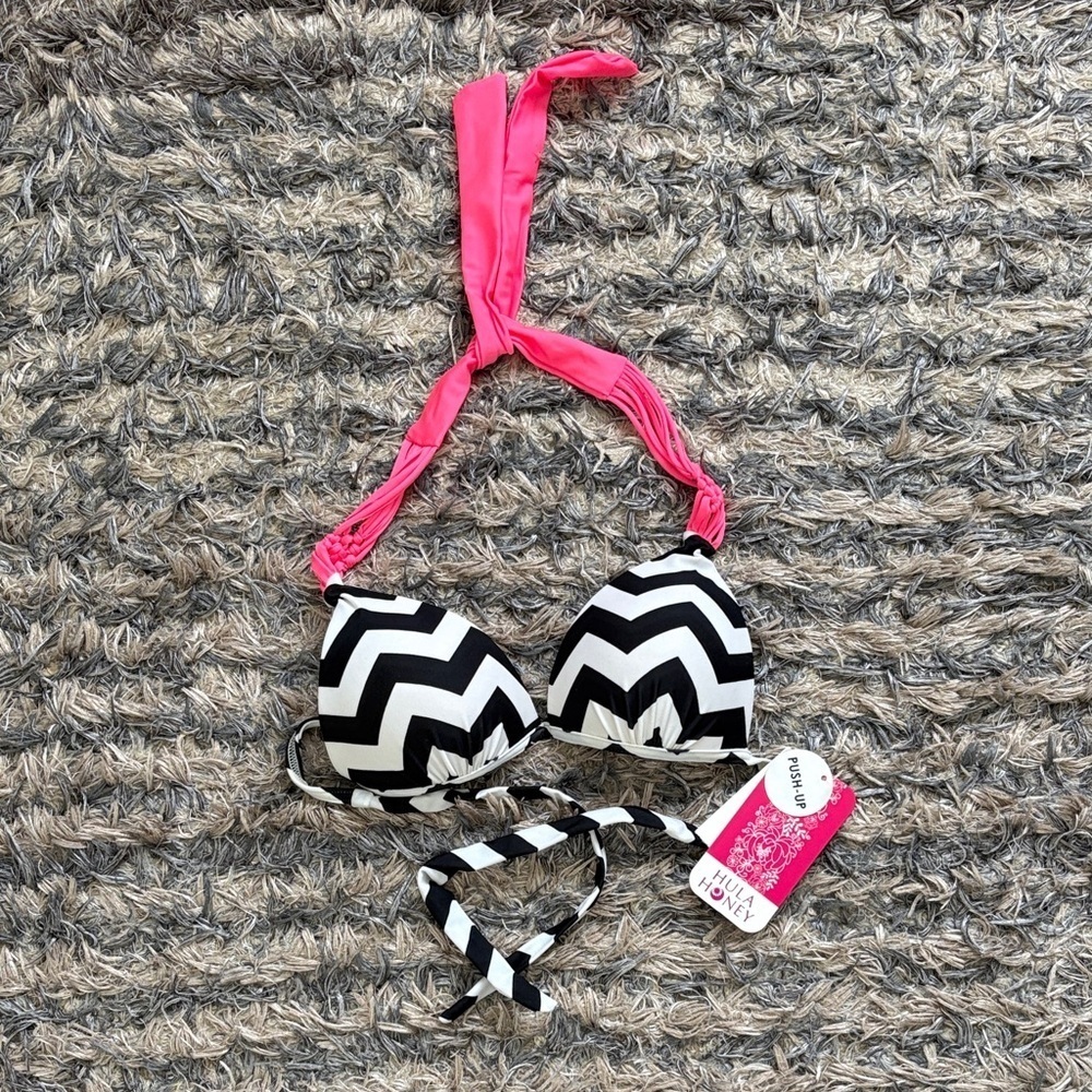 Hula Honey Pink and Black Chevron Bikini Top, XS